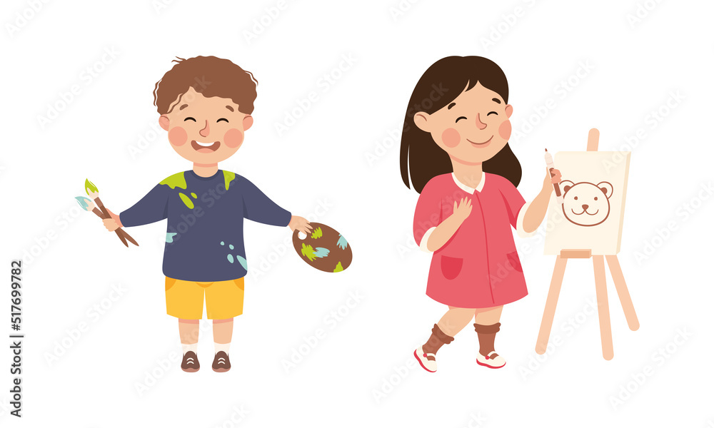 Sticker Cute happy little girl and boy artists. Talented kids practicing their skills cartoon vector illustration