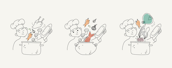 Chef's specials - chicken soup, fish soup and vegetarian soup, vector illustration of three characters cooking food in the pot