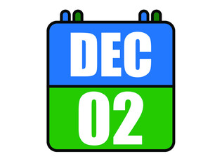 2 December calendar. Blue and green calendar page for December days. Vector isolated on white background.