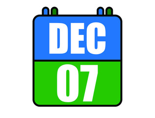 7 December calendar. Blue and green calendar page for December days. Vector isolated on white background.