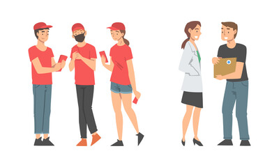 Fototapeta premium People volunteers in red uniform set. Help, social care and charity concept cartoon vector illustration