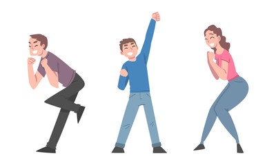 Fototapeta premium Happy smiling young people celebrating success with their hands raised set cartoon vector illustration