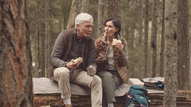 Slowmo of mature active couple with hiking backpacks sitting on log in forest, eating homemade sandwiches and drinking hot tea from thermos