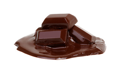 Melting piece of dark chocolate bar on white