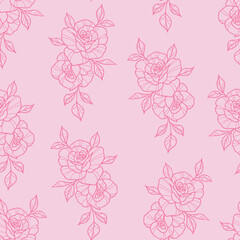 Pink roses vector pattern, with hand drawn rose elements, floral background.