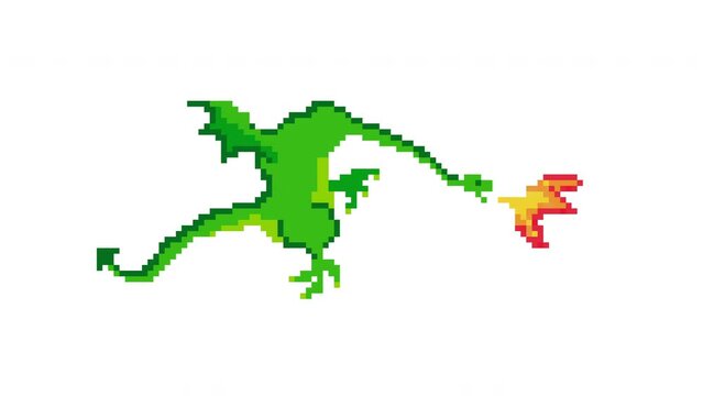 Animated pixel art video in 4K format. Green dragon with wings flies and shoots fire. Playable character in an 8-bit medieval fantasy game. Dangerous predator. The final boss of game about knights