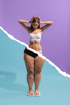 Conceptual collage with young slim girl with body of plus-size woman isolated on blue-purple background. Weight loss, fitness, healthy eating, motivation concept.