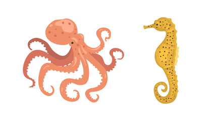 Oceanic and sea animals set. Octopus and seahorse marine inhabitants cartoon vector illustration