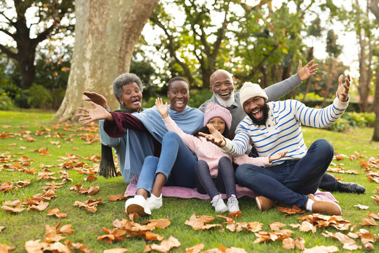 Image of happy african american multi generation family in autumn garden