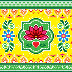 Indian and Pakistani truck art vector seamless pattern with lotus flower, heart and geometric shapes, traditional Diwali design

