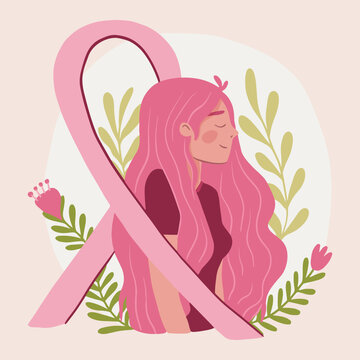 Breast cancer awareness month  woman, with pink support ribbon concept, cartoon character for disease prevention campaign, flat vector illustration