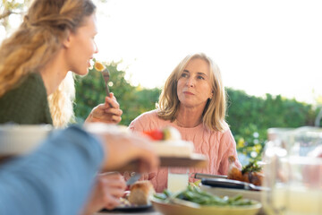 Image of caucasian family eating outdoors dinner together