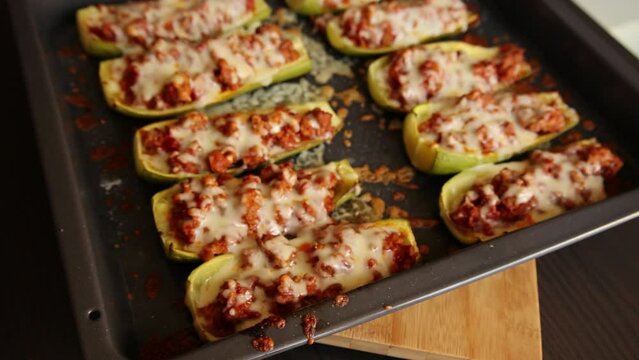 close up stuff zucchini with parmezan cheese  italian dish