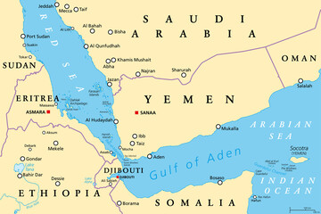 Gulf of Aden area, political map. Deepwater gulf between Yemen, Djibouti, the Guardafui Channel, Socotra and Somalia, connecting the Arabian Sea through the Bab-el-Mandeb strait with the Red Sea.