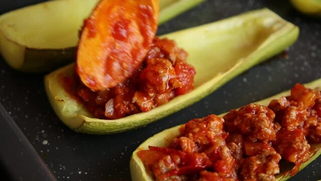 close up stuff zucchini with parmezan cheese  italian dish