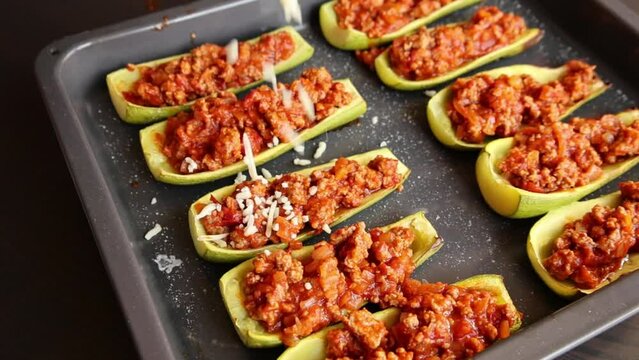 close up stuff zucchini with parmezan cheese  italian dish
