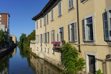 Old buildings on the Martesana canal at Milan