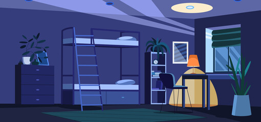 Flat student dormitory dark room or hostel. University or college dorm bedroom empty interior at night. Living apartment or accommodation with furniture, bunk bed, desk with lamp, chair and plants.