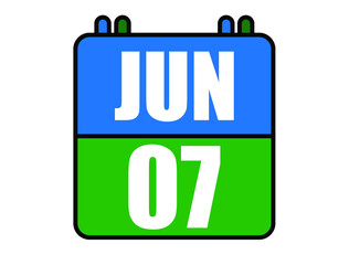 7 June calendar. Blue and green calendar page for June days. Vector isolated on white background.