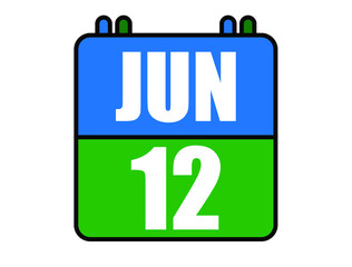 12 June calendar. Blue and green calendar page for June days. Vector isolated on white background.