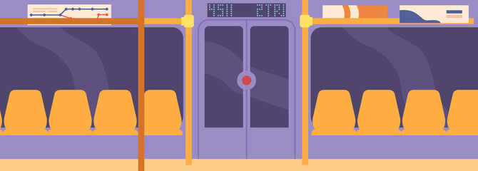 Metro Interior, Empty Subway Train with Door, Seats and Windows, Underground Interior Design. Metropolitan, Railroad