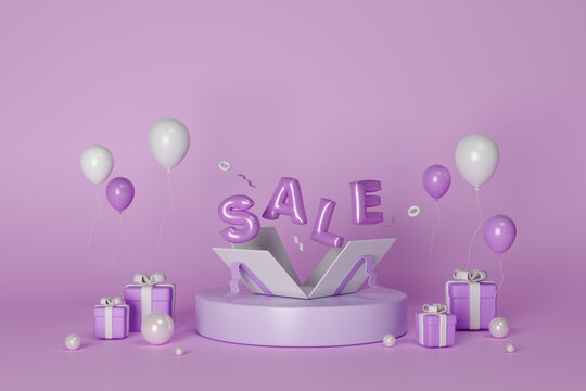 Sale promo banner template withPurple gift with abstract elements and flying packages, present boxes and large sale word phrase balloons. 3d rendering illustration.