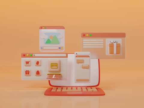 Shopping online website store concept 3d rendering illustrations desk for ui ux designer create a design.