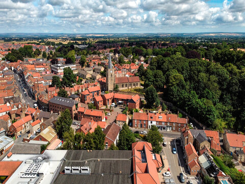 Aerial view of the market town of Malton in North Yorkshire in the northeast of England.