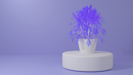 An abstract scene in blue tones with a tree in a pot on a cylindrical podium and free space in the frame. A fictional tree in a white pot on a white cylinder. 3D render.