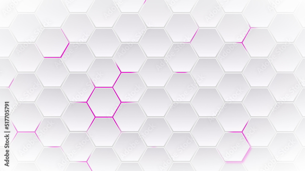 Poster abstract technological background white hexagons with fuchsia glow. seamless loop