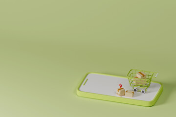 3d mobile phone banking online payments concept. shopping bag and cart and gift box. Mobile with blank screen. 3d Rendering.