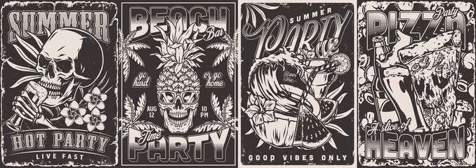 Summer party set posters monochrome
