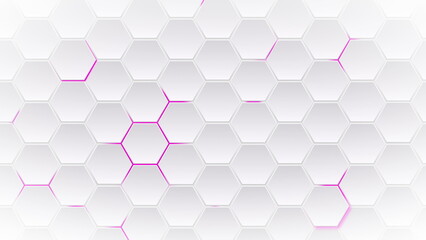 Abstract technological background white hexagons with fuchsia glow. Seamless loop