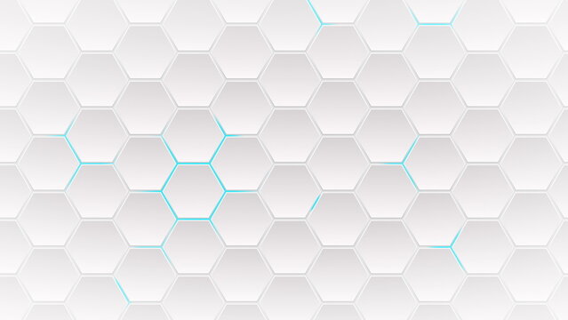 Abstract technological background white hexagons with blue glow. Seamless loop