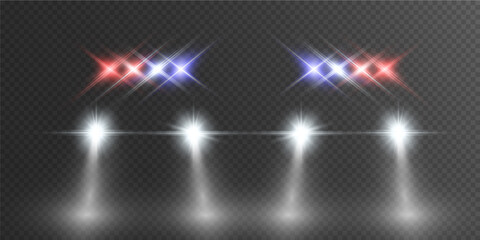 Realistic white glow round beams of car headlights, isolated on transparent background. Police car. Light from headlights. Police patrol.  © NAUM