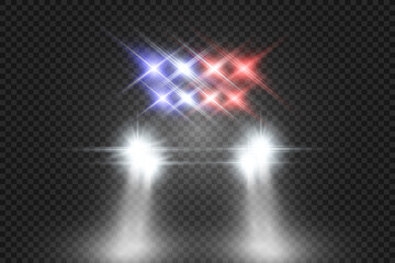 Realistic white glow round beams of car headlights, isolated on transparent background. Police car. Light from headlights. Police patrol.	