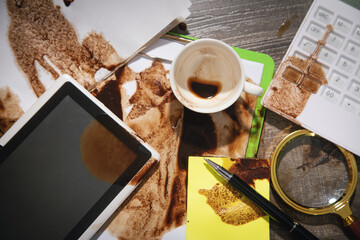 Coffee spilled over document and business objects.