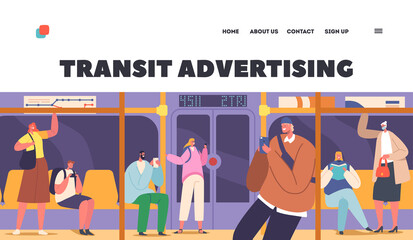 Transit Advertising Landing Page Template. Passengers in Subway, Metro, Underground Urban Public Transport