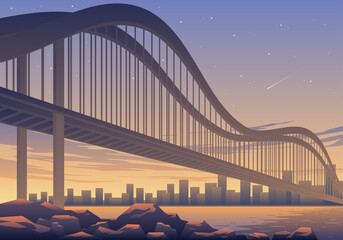 Beautiful Bridge At Sunset Landscape Illustration