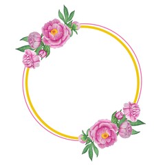 Watercolor round frame with peony flowers 