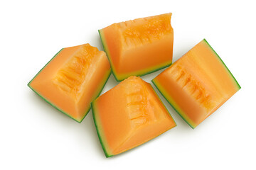Cantaloupe melon slices isolated on white background with full depth of field. Top view. Flat lay
