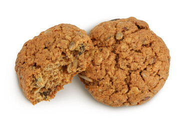 oatmeal cookies with flax, pumpkin and sunflower seeds isolated on white background with full depth of field. Top view. Flat lay