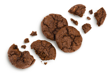 chocolate cookies broken isolated on white background with full depth of field. Top view. Flat lay
