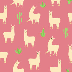 Cute llama seamless pattern. Cartoon alpaca and cactuses on pink background. 