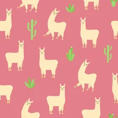 Foto auf Alu-Dibond Cute llama seamless pattern. Cartoon alpaca and cactuses on pink background.  © Yaryna