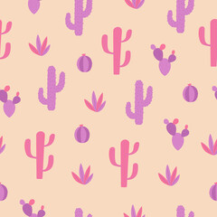 Cactus seamless pattern. Cartoon cacti in pink and purple colors with blossoms and spikes on pink background.
