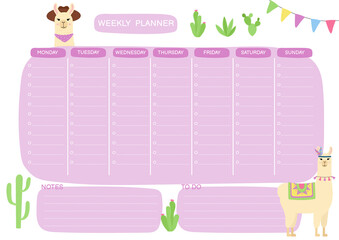 Weekly planner with cute llama and cactuses. Doodle flat style. Good for notebook, agenda, diary, organiser, schedule