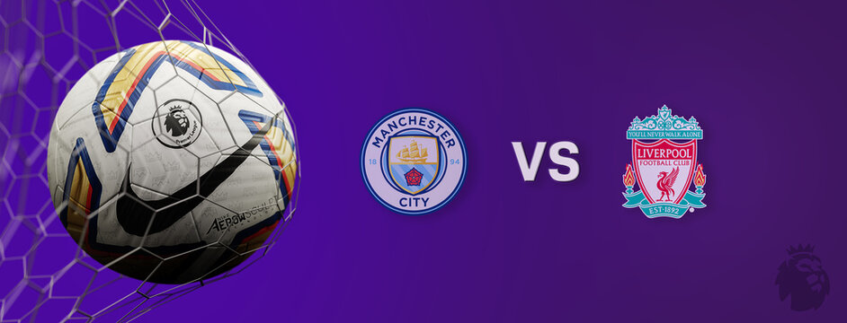 Guilherand-Granges, France - July 18, 2022. Premier League of England. Soccer ball in net with official logo of the Premier League. Match : Manchester City VS Liverpool. 3D rendering.