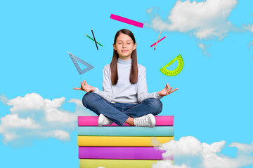 Composite collage picture of peaceful little girl sit pile stack book meditate flying supply...