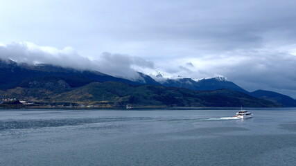 Snow covered peaks of the Martial Mountains along the Beagle Channel, in Ushuaia, Argentina
